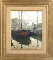 Oscar Antonio Vaz, Barracas Al Sur, Oil on board harbor scene shows two fishing boats next to a dock in a harbor setting
