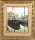 Oscar Antonio Vaz, Barracas Al Sur, Oil on board harbor scene shows two fishing boats next to a dock in a harbor setting