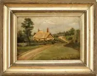 Country Cottage by Unsigned, Oil on canvas landscape scene shows a dirt road winding alongside a thatched roof cottage with trees and grass, offered Aug 2006