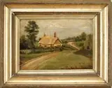 Unsigned, Country Cottage, Oil on canvas landscape scene shows a dirt road winding alongside a thatched roof cottage with trees and grass