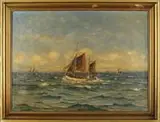 C Arneson, The Fishing Boat, Oil on canvas scene shows a two-mast fishing boat proceeding through white capped ocean with several other boats
