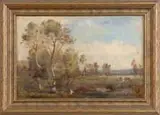 Charles Edmond Renault, Impressionistic Landscape with Cows, Oil on canvas scene shows a tree lined pasture with a small pool of water and cows grazing under blue and cloud sky
