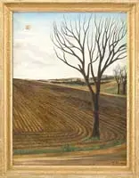 Jean Ève, La Terre Au Moment Du Labour, Oil on canvas surrealistic scene shows a bare tree at the end of a cultivated field under a cloud and blue sky