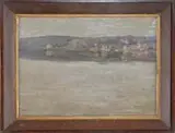 William Langson Lathrop, Sails Along the New Jersey Shoreline, Oil on canvas scene shows several sailboats on calm water with a houseline shoreline with low hills