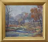John F. Berninger, Fall Landscape with River, Oil on board scene shows a river cascading over rocks beside a hillside dotted with trees in fall foliage