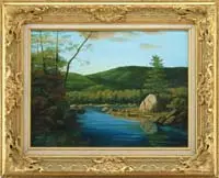 Gary Duda, Summer Lake, Oil on canvas scene shows forested hills with water in the foreground having shores of rock and grass
