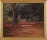 Alfred Jansson, Road Through the Woods, Oil on canvas scene shows a wide dirt road through deep forest. A large tree is seen in foreground