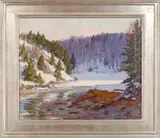 John Nichols Haapanen, The Passage, Oil on canvas winter scene shows a snow banked water with evergreens and other trees