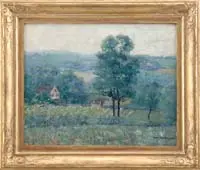 Summer Landscape by Morris Hall Pancoast, Oil on canvas summer scene shows rolling hills with fields. In foreground is a house with trees and cultivated field, offered Aug 2006