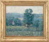 Morris Hall Pancoast, Summer Landscape, Oil on canvas summer scene shows rolling hills with fields. In foreground is a house with trees and cultivated field