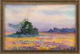 Arthur S. Cumming, Field of Flowers, Watercolor scene shows a colorful large field with distant trees and small grove