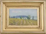 Marie Henrietta Osthaus Griffith, Lakeside Farmland, Oil on board summer scene shows cultivated land with fruit bushes or trees on slight hillside next to blue water