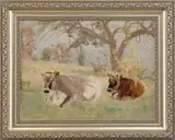 Nelson Augustus Moore, The Restful Cows, Oil on canvas shows to two resting under a large tree in a colorful landscape