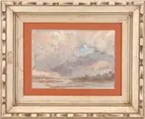 In the Blind by Frank Weston Benson, Watercolor scene shows a V-formed flight of ducks flying over a marshy area with cloud and blue sky, offered Aug 2006