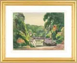 Lester George Hornby, Bridge in Summer Landscape, Large watercolor scene shows a wooden bridge having stone foundation over a small stream with house and trees