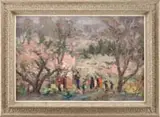 Armando Sozio, The Gathering, Large oil on canvas outdoor scene shows a number a colorful figures gathered under large trees with colorful blossoms