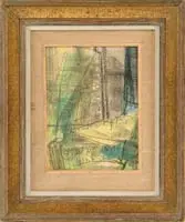 William Barnett, Forest, Pastel crayon on paper abstract scene in colors of black, green, yellow and blue