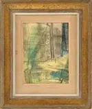 William Barnett, Forest, Pastel crayon on paper abstract scene in colors of black, green, yellow and blue