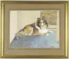 M. Alizon Edmunds, The Laird, Fine watercolor of a reclining Collie dog on blue tile floor