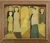 Joan Brotat, Novios” (Newlyweds)?, Oil on canvas modernistic scene shows newlyweds walking down isle in church with family looking on
