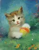 Florence A. Kroger, Kitten with Ball, Oil on canvas scene shows small kitten in a field of grass and flowers clutching a yellow and red striped ball