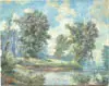 Stapleton Kearns, Summer Landscape, Oil on canvas scene shows river with grassy banks having three large trees under a blue and cloud strewn sky
