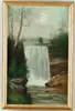 Thomas Hirams Hotchkiss, The Waterfall, Oil on canvas landscape scene shows large waterfall in landscape. Birch trees line falls with large rocks at base