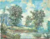 Stapleton Kearns, Summer Landscape, Oil on canvas scene shows river with grassy banks having three large trees under a blue and cloud strewn sky