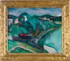 Modernist Landscape by Marguerite Zorach, Oil on canvas scene shows hillside with buildings and what appears to be a dam and lake, offered Jan 2005