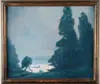 J. Verrier, Coastal Landscape, Oil on canvas scene depicts a wooded cliff overlooking an ocean seascape in a simple gold finish frame