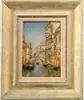 Antonio Maria Reyna Manescau, Venice Waterway, Oil on wood panel scene shows a waterway with six gondolas and arched bridge. Tall fancy buildings line waterway