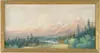 Richard D. Enright, Mountain Landscape, Oil on canvas scene shows snow covered peaked mountains, valley floor with water and evergreen trees