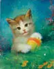 Florence A. Kroger, Kitten with Ball, Oil on canvas scene shows small kitten in a field of grass and flowers clutching a yellow and red striped ball