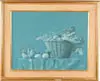Peter Todd Mitchell, Table Stop Still Life, Silkscreen? still life scene shows a basket with ruffled linen next to glass and two eggs on a linen draped table