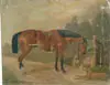 McAvoy, Horse Portrait, Oil on tin sheet shows large brown horse tethered to open gate with two dogs beside. Landscape background