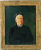 Unsigned, One-Hundred-Years-Old, Oil on canvas half portrait of an old woman. She sits wearing a black dress with lace collar and black hat