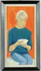 Richard, The Book Reader, Watercolor and graphite drawing of a woman seated and with small book in hands. Orange/red background