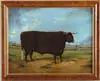 James Clark, Portrait of a Prize Bull, Oil on board shows large brown steer facing right in pasture landscape