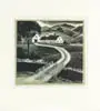 Carol Thayer Berry, End of the Road-In the Hills, Green and black print shows cape style house with bridge over stream and winding driveway. Pencil signed and titles