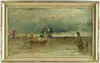 Prosper Louis Senat, Harbor in Holland, Oil on canvas harbor scene shows rowboat in foreground with large ship and windmill in background