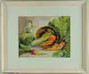 Jacob Howard Eutson, Our Neighbors Over Production, Fine watercolor shows vegetable produce spilling from open basket onto table with stoneware jug