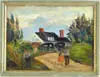 Fernand Maissen, House Visitors, Oil on board scene shows man and woman walking up driveway toward house with two cars and two people