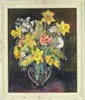 Elizabeth R. Pierce, Daffodils and Goldenrod, Oil on canvas still life shows bunch of wildflowers in a clear handled vase. Green and purple mottled background
