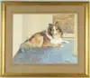 M. Alizon Edmunds, The Laird, Fine watercolor of a reclining Collie dog on blue tile floor