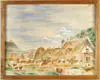 Robert Cauchon, On Tire Lis Vaches Sur La Ferme, Large watercolor primitive scene shows a large farm with farm activities and livestock. Pencil signed and titled