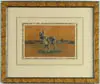 H. Newman, Kim, Watercolor/gouache on brown paper depicts a German Shepherd type dog standing on grass with low hills in background