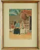 Terence R. Duren, Primitive Home, Watercolor scene shows two women with child outside a wood stick and red clay tile roof in tropical setting