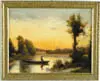 Unsigned, Poling the Boat, Oil on board scene shows man in boat next to house, pond and woods. Van Gough style. SIGHT