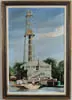 Barbara Comfort, Dock with Drilling Tower, Oil on masonite shows large gray building with tall steel tower. Barge and tugboat beside