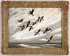 Hugh Monahan, Geese in Flight, Oil on canvas scene shows twelve geese in flight in sunlit clouds with blue sky. They fly over river with marshlands